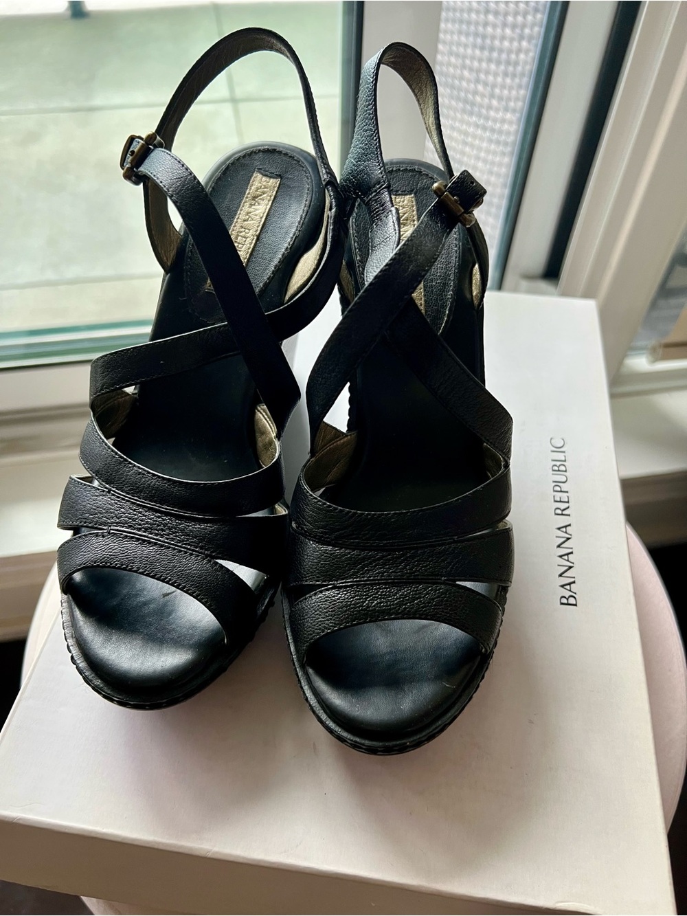 Banana Republic Black Leather Crisscross Wedge Sandals